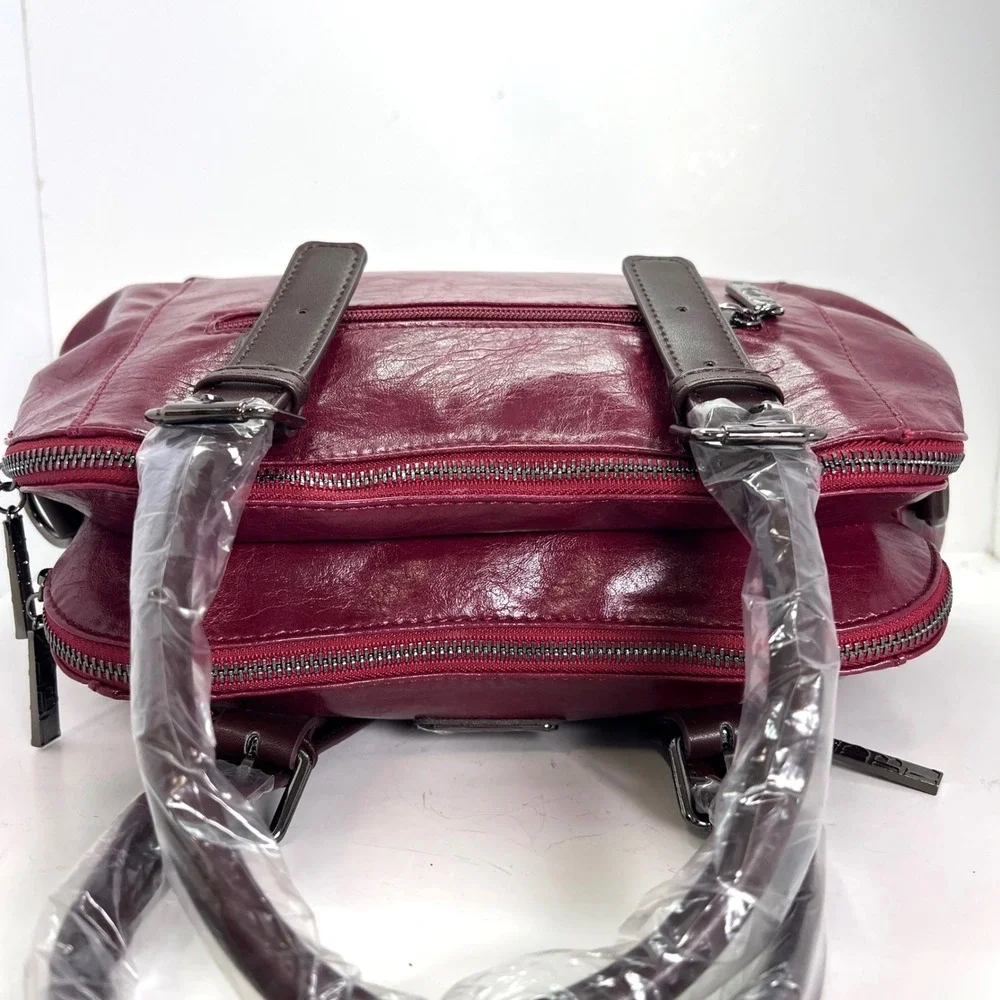 XIDIBAOLUO‎ Burgundy Faux Leather Satchel Handbag with Detachable Strap